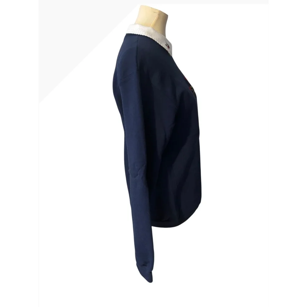 Navy Blue Embroidered‎ Poinsettia Flower Collar Sweatshirt. SZ Medium. Holiday.